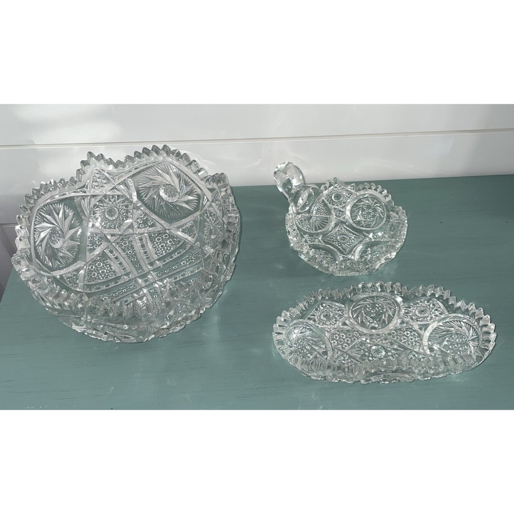 American Brilliant 3 Piece Period Cut Crystal Glass Bowl Saw Tooth Elegant